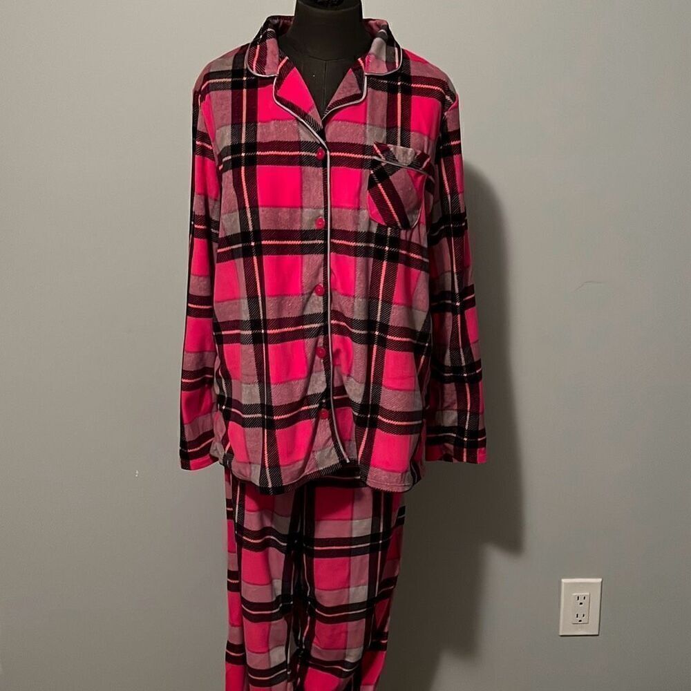 Kensie Womens Pink & Black Plaid Long Sleeve Shirt & Pants Pajama Set 2 Piece